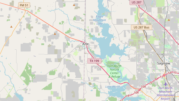 Street map of Azle beside Eagle Mountain Lake with Highway 199 and surrounding roads